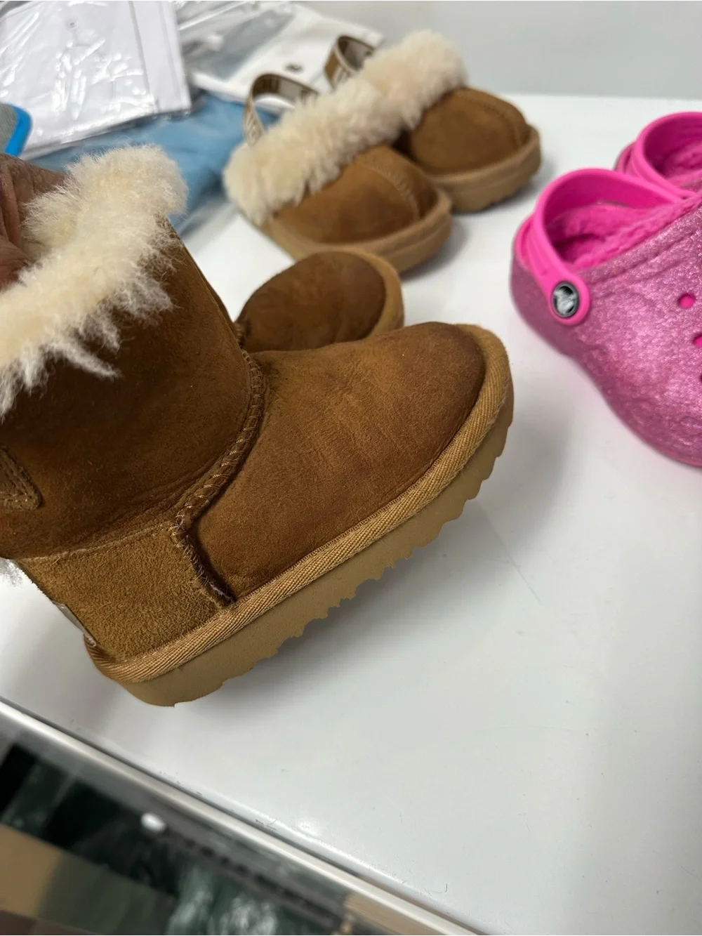 UGG Kids Brown Shearling Boots and Pink Glitter Clogs Set